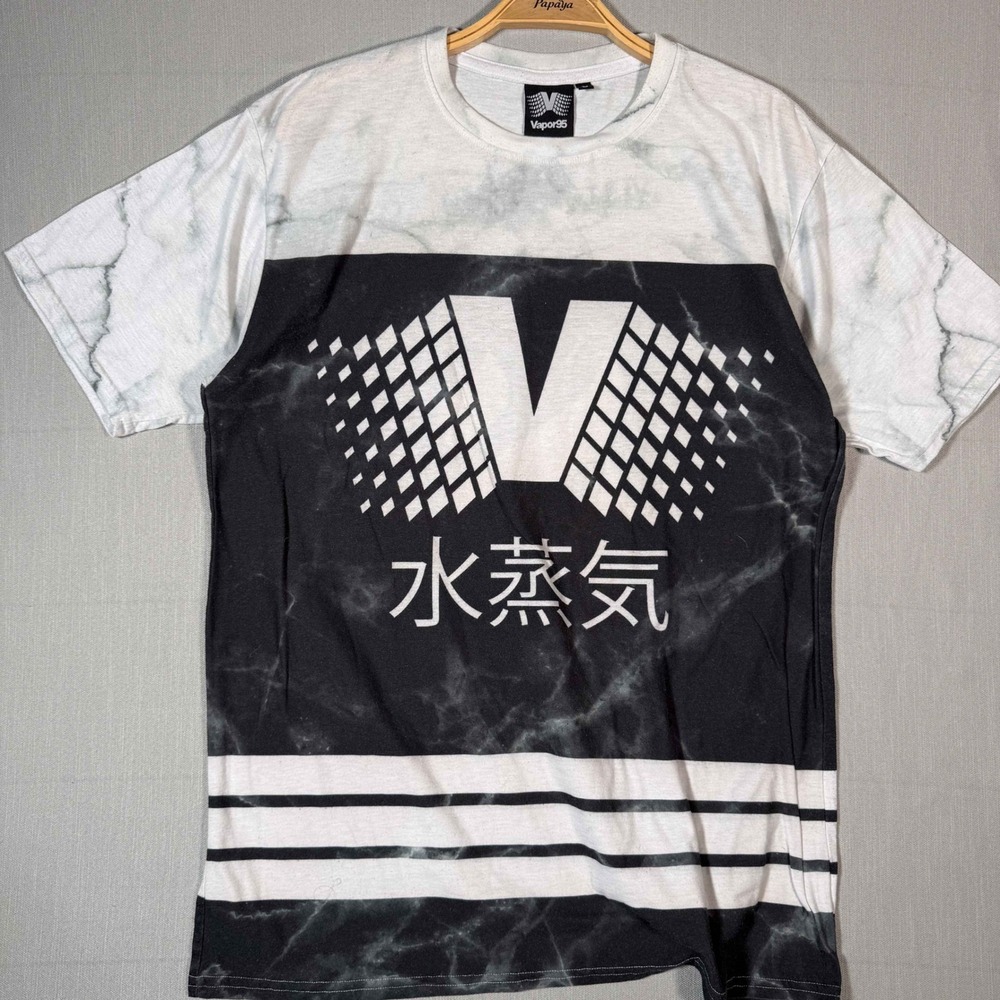 Vapor95 Marble Graphic Tee Mens Large Black White Japanese Hebrew Vaporwave